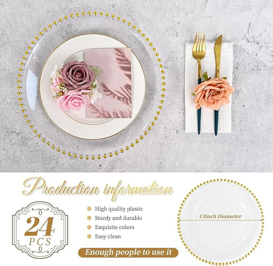 24 PCS Clear Round Charger Plates with Beaded Rim, 13 Inch Plastic Acrylic Plate, Plastic Round Beaded Dinner Decorative Service Plates for Wedding Party Event, Home Kitchen Tabletop(Gold)
