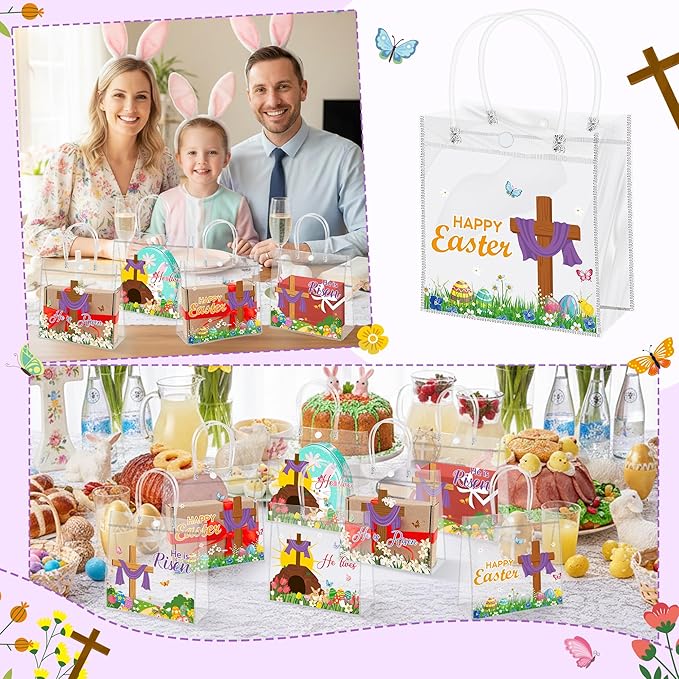 H1vojoxo Religious Easter Gift Bags - 24PCS He is Risen Christian Clear PVC Gift Bags with Handle for Kids Cross Print Reusable Goodie Treat Candy Snack Bag for Easter Church Party Favors Supplies