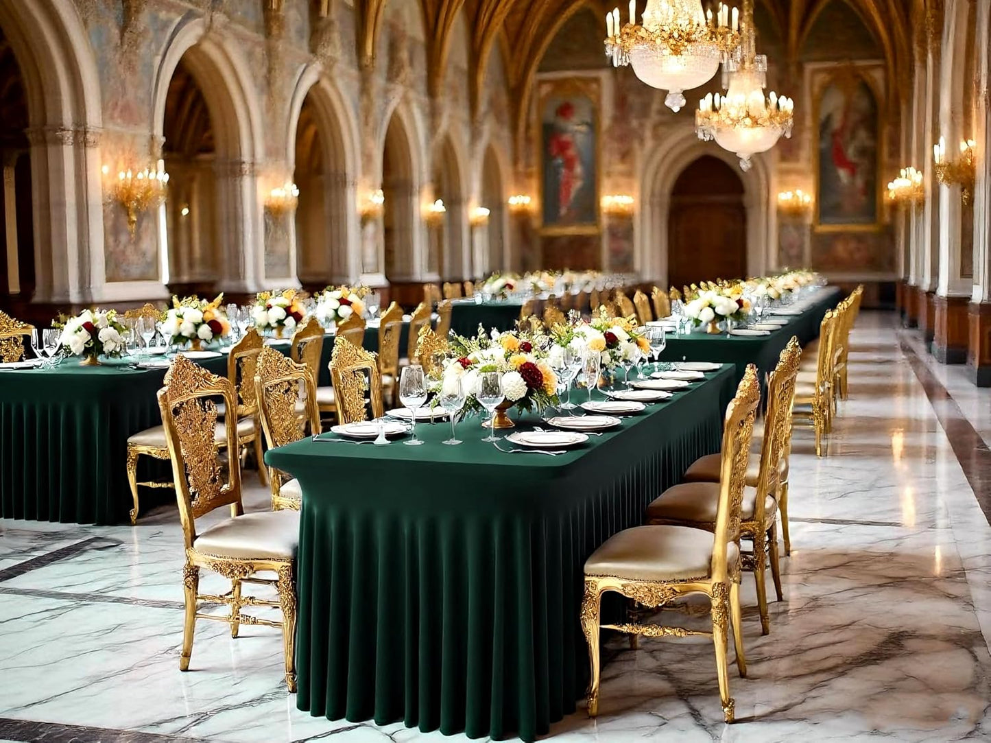 2 Packs Emerald Green Stretch Table Skirts for 8 Foot Rectangle Table, Washable Spandex Stretch Tablecloths with Skirt, Wrinkle Resistant Fitted Tablecover for Wedding Party Banquet