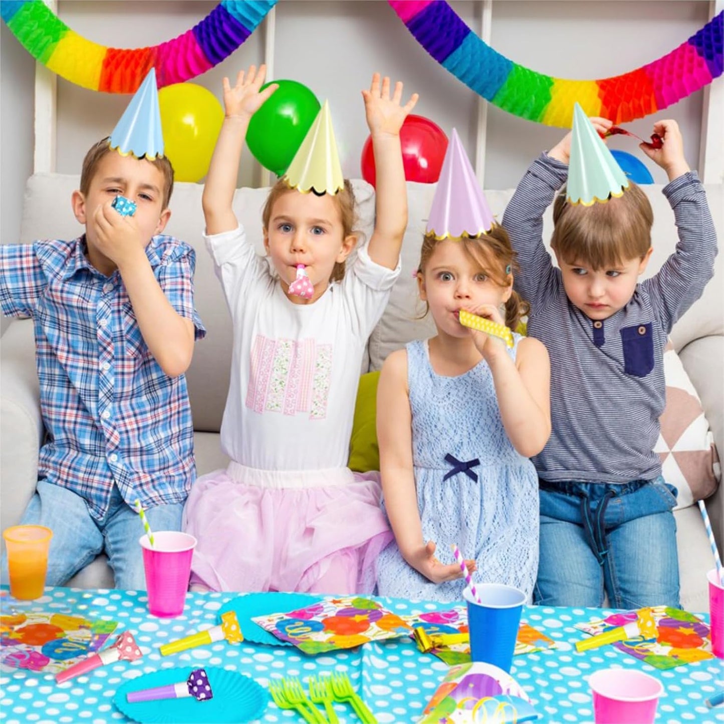 24 Pcs Pastel Birthday Party Hats with 24 Colorful Noise Makers Party Headwear for Birthday for Party Decorations Bridal Shower Supplies