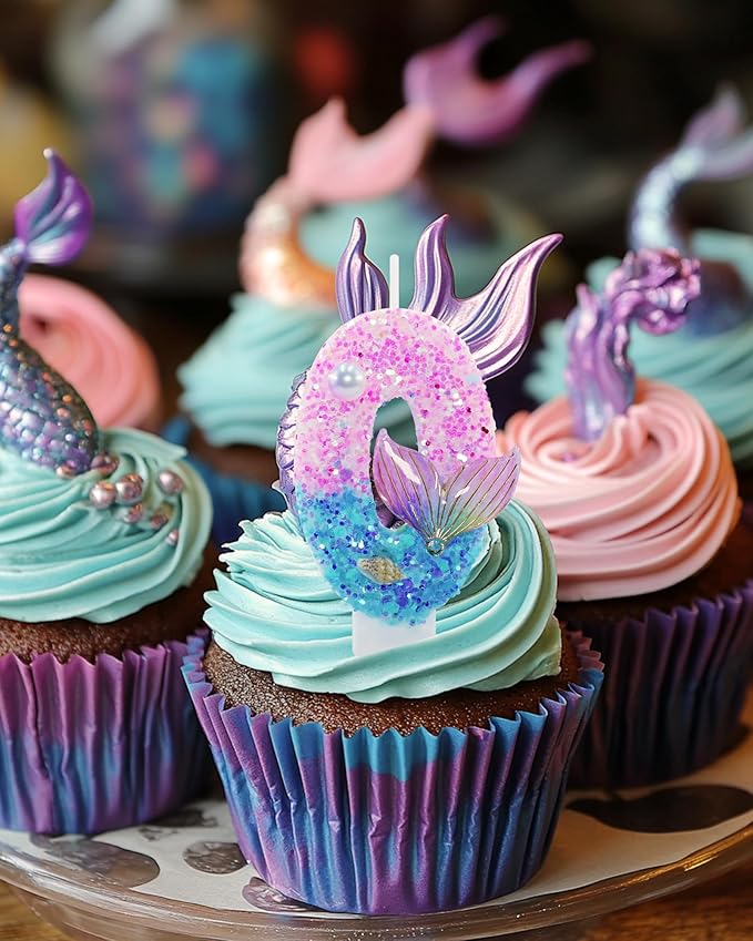 Mermaid Themed Birthday Candles, Number 0 Girls Glitter Birthday Party Supplies,Anniversary Party Decor,2.87 inch Cake Topper Decorations (Mermaid Themed, Number 0)