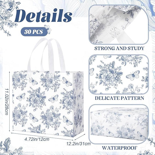 Abbylike 30 Pack Blue Floral Reusable Gift Bag Bulk Large Floral Print Shopping Bag Blue White Tote Non Woven Tote for Wedding Birthday Family Holiday Travel, 12.2 x 11.02 x 4.72 Inches