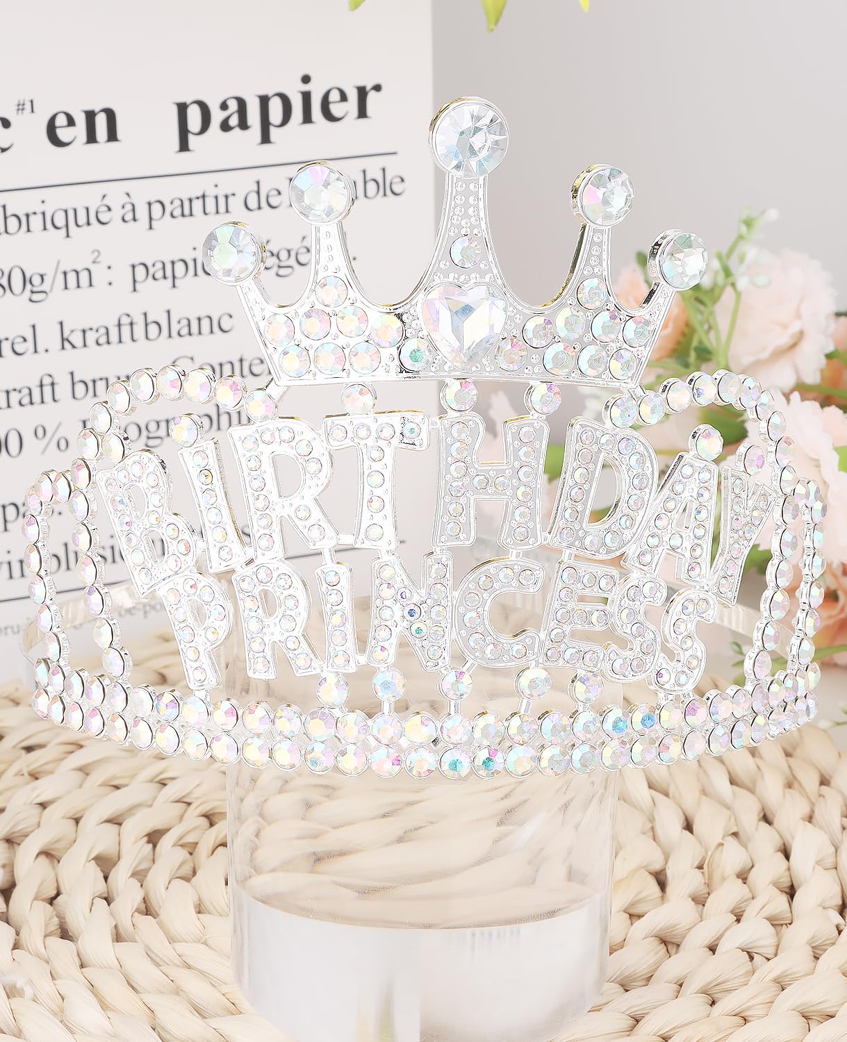 Wecoe Birthday Crown AB Silver Rhinestone Princess Tiara with Combs Happy Birthday Party Favors Pink Decorations 16th 18th 21st 25th Gifts for Her