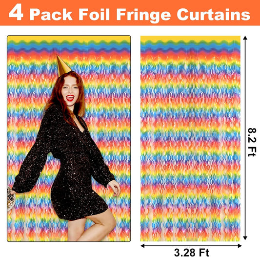 4 Pack Dark Rainbow Fringe Curtain Backdrop 3.2Ft x 8.2Ft Metallic Tinsel Foil Fringe Streamers Background for Photo Booth Mother's Day, Easter, Carnival, Birthday, Wedding Party Decoration