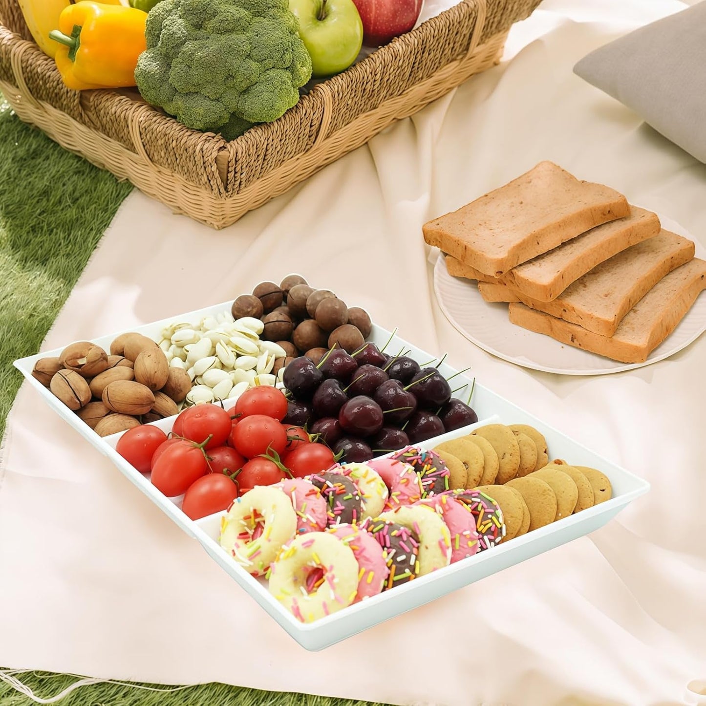 Divided Serving Tray Platter, 2 Pack 15" x 10" Fruit Veggie Food Tray for Party, Plastic Serving Trays for Appetizer, Snack, Dessert, Cookie, Brunch Decorations Platters, White Trays BPA-Free