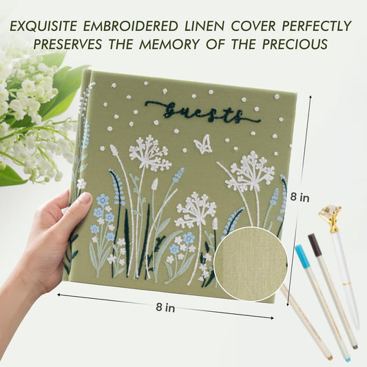 Embroidered Wedding Guest Book—The Perfect Polaroid Guest Book for Wedding Receptions, Birthdays, Baby Showers, and Special Events with 3 Photo corner stickers+ 3 DIY pens+1 Diamond Pen (green)