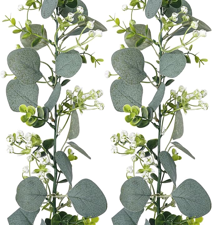 2 Pcs Artificial Eucalyptus Garland,5.9FT Greenery Garland with White Flowers,Faux Silver Dollar Fake Vines Hanging Green for Table Centerpieces Arch Wedding Backdrop Party Indoor Outdoor Decoration