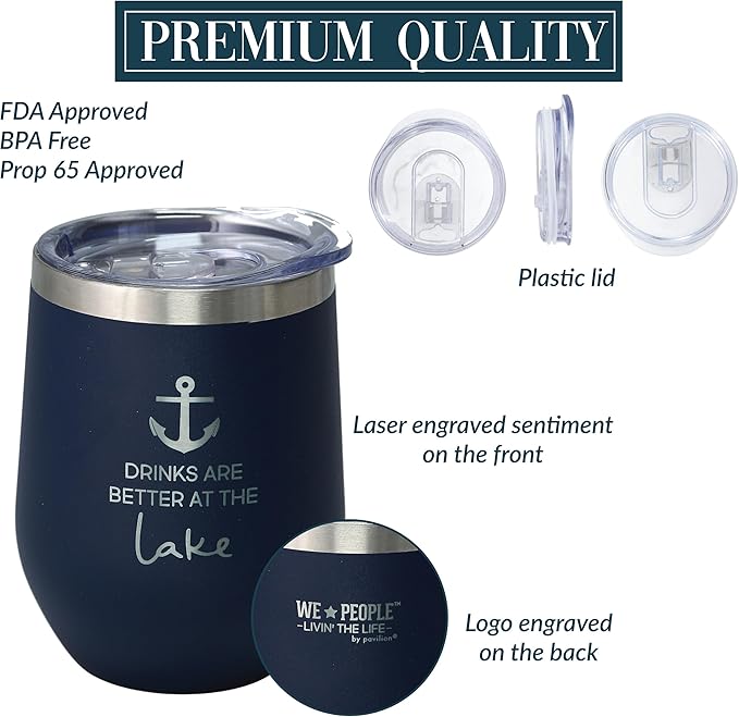 Pavilion - At The Lake 12 ounce Stainless Steel Wine Tumbler, Vacuum Insulated Wine Tumbler, Wine Tumbler with Lid, Lake House Gift Ideas, Anchor Decor, Wine Gifts For Women, Navy