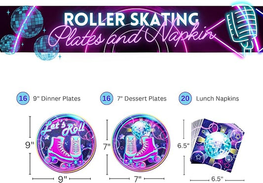 Blue Orchards Roller Skating Party Plates and Napkins (52 pieces for 20 Guests) - Roller Skating Party, 90s Party Supplies, Roller Skate Plates And Napkins, Skate Party Decorations For Girl