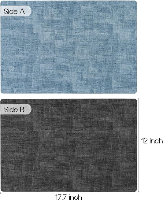 Romanstile Reversible Vinyl Placemats Set of 4, Faux Leather 100% Waterproof Oil-Proof Wipeable Place Mats, Heat Resistant Dual Sided Table Mats for Kitchen/Dining/Party (Grey Sky Blue, 12 x 17 Inch)