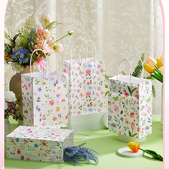 Gilprop 48 Pcs Wildflower Paper Gift Bags Spring Floral Candy Goodie Treat Bags Easter Flower Party Favor Bag with Handle for Mother's Day Birthday Party Bridal Shower Wedding Gift Wrapping Supplies