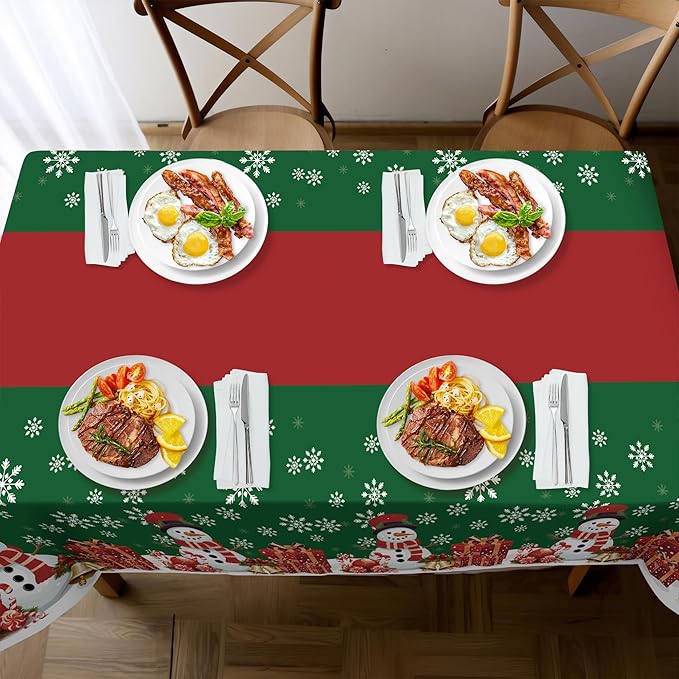 Childom 2 Pack Christmas Tablecloth,Disposable Plastic Tablecloth 54" x 108" Christmas Decorations Xmas Party Supply,Snowman Green Table Cloth,Plastic Table Cover for Indoor,Outside,Home,Dinner,Party