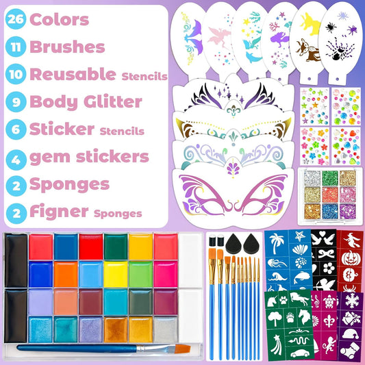 Face Painting Kit for Kids – 26 Colors Non-Toxic Face & Body Paint Palette with Brushes, Stencils, Glitter & Gems for Parties, Halloween, Festivals, School Events, and Creative Play