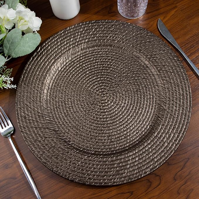 Efavormart 6 Pack | 13" Natural Brown Acrylic Plastic Rattan-Like Charger Plates, Round Disposable Dinner Serving Plates