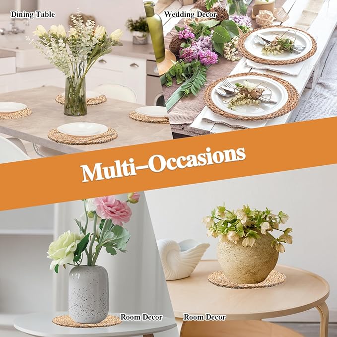 Set of 16 Round Woven Rattan Placemats, 12 Inch Boho Farmhouse Table Mats Natural Cattail Charger Plates for Dining Table Decor Heat-Resistant Braided Place Mats