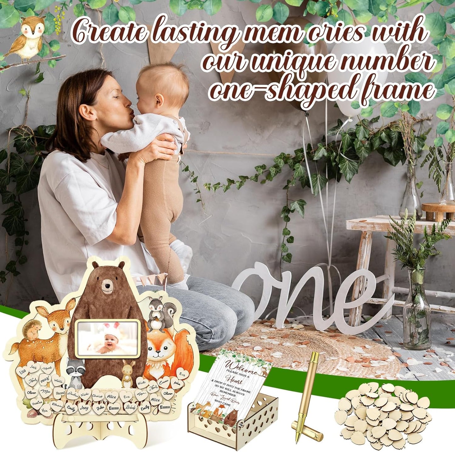 Wenqik 63 Pcs Woodland Animal Baby Shower Guest Book Alternatives Set Baby Shower Decorations with Photo Frame Sonogram Frame Keepsake 60 Wood Slices Guest Book for Birthday