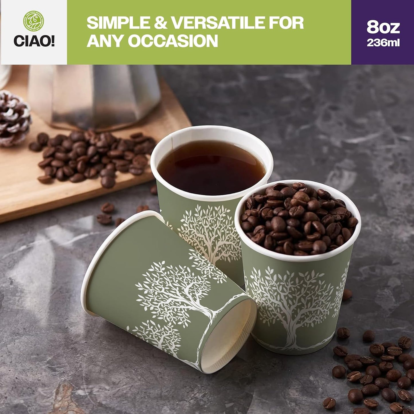 CIAO! 8oz Paper Hot Cup, Rooted Olive Print, (Case of 1,000)