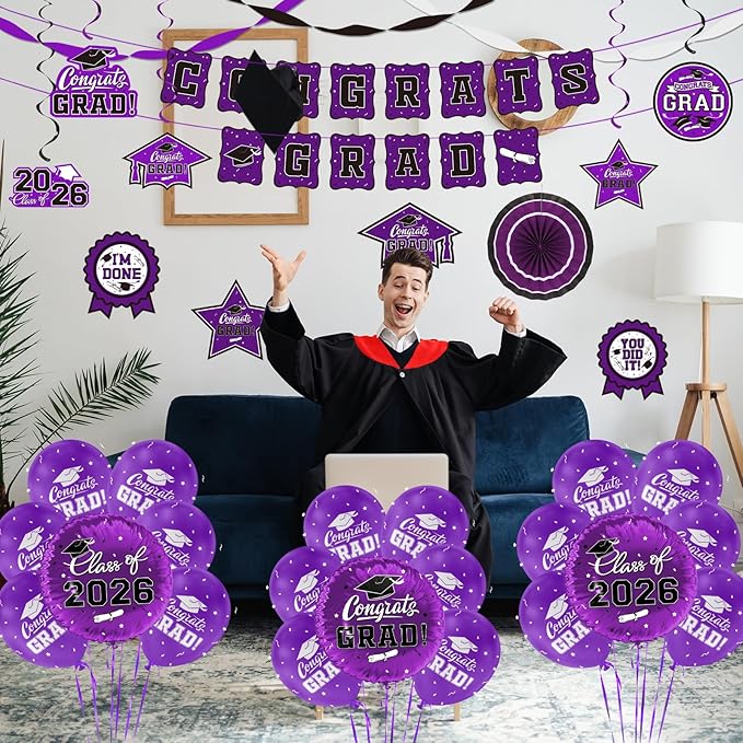 Purple Themed 2026 Graduation Decorations Set - Congrats Grad Banner, Class of 2026 Backdrop, Balloons & Streamers Kit - Complete Party Supplies for High School & College Celebrations