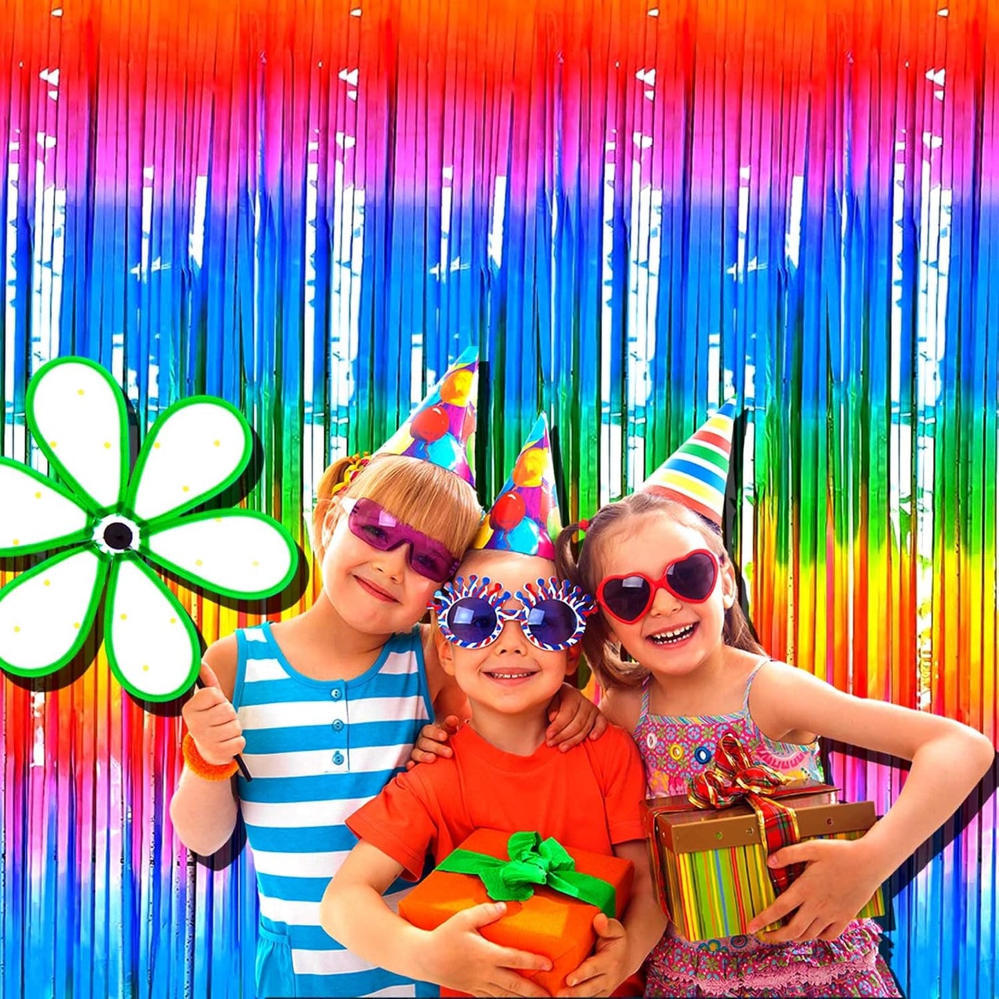 4 Pack Macaron Dark Rainbow Foil Fringe Curtain Backdrop, 3.28Ft x 6.56Ft Streamers Curtains for Party, Photo Booth Props, Birthday, 2022 Graduation Decoration Supplies (dark 2)