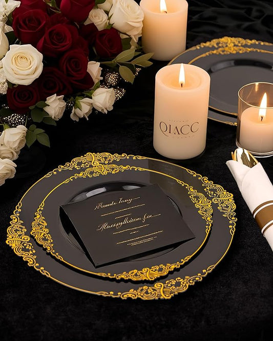 Nervure 100PCS Black and Gold Plastic Plates - 10.25Inch Black Disposable Plates - Black Plastic Dinner Plates for Wedding & Party