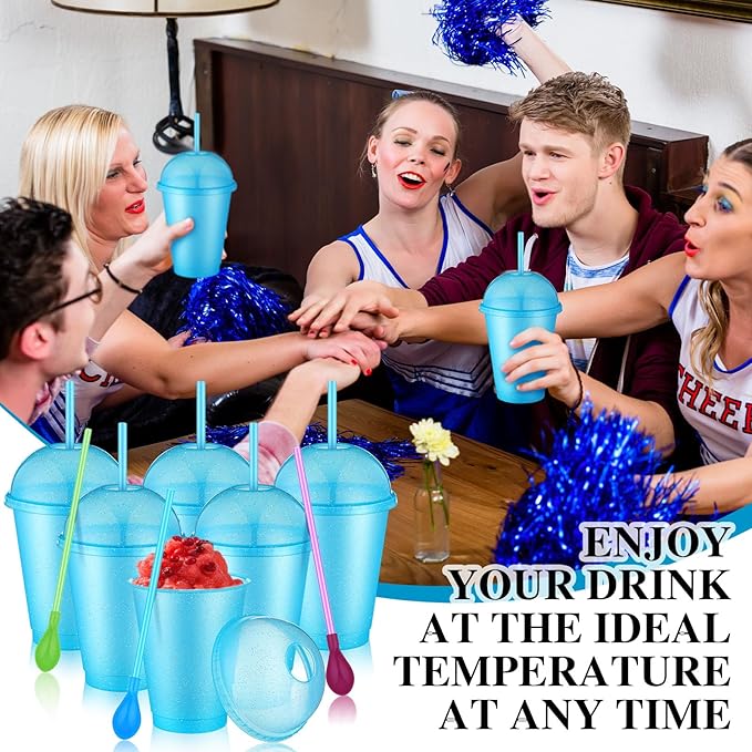 6 Set Slushie Cups with Dome Lids and Straws Detachable Spoon Straws Reusable Plastic Iced Coffee Cups Smoothie Tumbler for Birthdays Summer Party Supplies(Pastel Blue,16 oz)