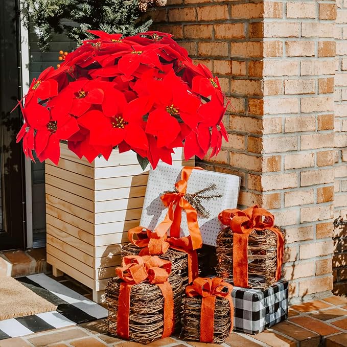5 Artificial Poinsettia Flowers Bouquet Christmas 7 Heads 19.6”Faux Red Poinsettia Bush Fake Flowers for Home Porch Xmas Tree Garden Indoor Outdoor Office Christmas Decorations