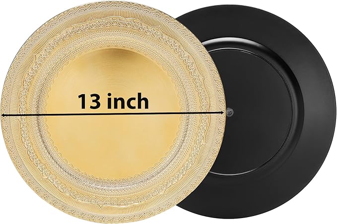 13 IN Gold Charger Plate Collection, 12-Piece Plastic Decorative Plates, Disposable Charger Plates Bulk for Anniversary Halloween Bachelor Party (Lace Gold, 12 PCS)