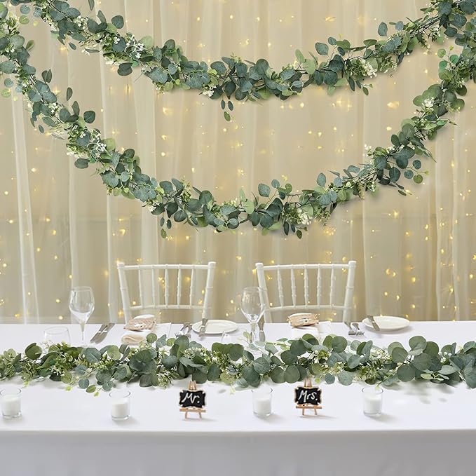 TOCHGREEN 4 PCS Artificial Eucalyptus Garland 5.9FT Faux Silver Dollar Greenery Garland Vines with White Flower Boxwood Fake Hanging Plants for Wedding Home Party Table Mantle Wall Decor