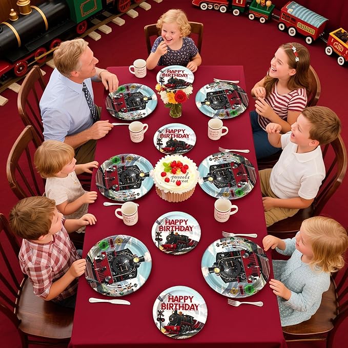 Grencian 96Pcs Train Birthday Party Decorations Vintage Steam Train Paper Plates and Napkins Retro Trains Disposable Tableware Sets for Boys Trains Themed Birthday Party Supplies Serves 24