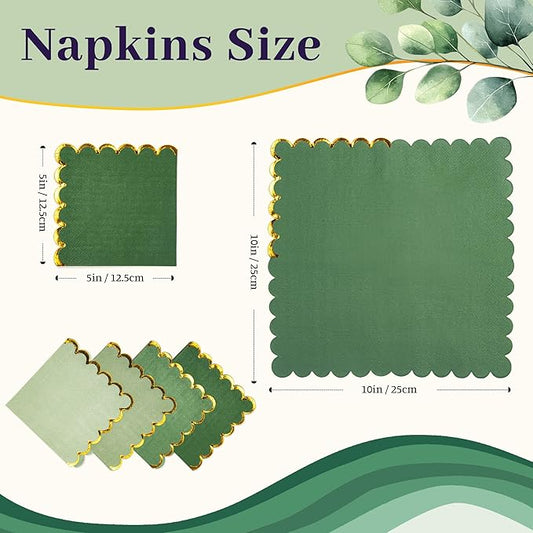 100 Pcs Green Cocktail Napkins with Gold Foil Scalloped Edges 5 x 5 Inch Dessert Napkins Disposable Thick Paper for Wedding Dinner Birthday Party