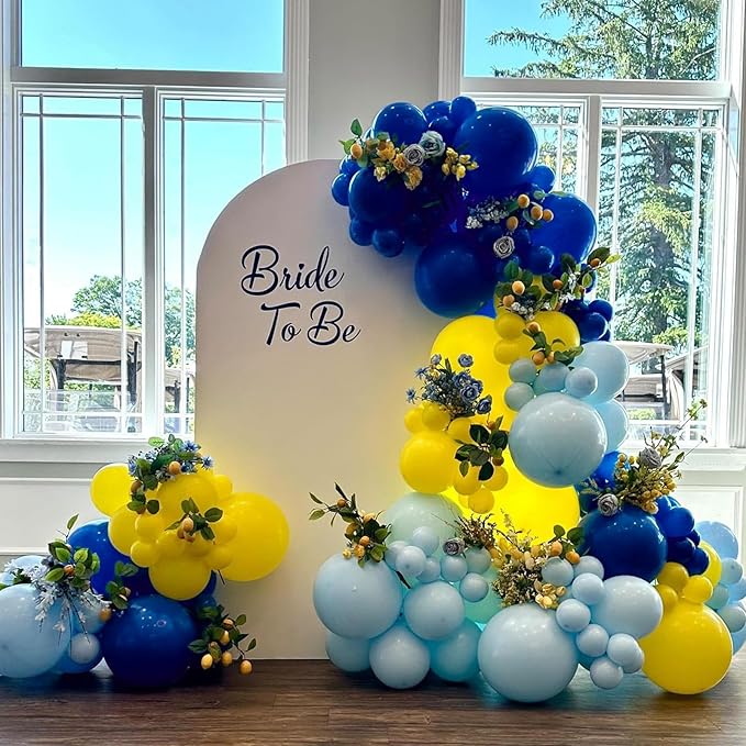 Royal Blue and Yellow Balloons Arch Kit, 134pcs Light Blue Lemon Yellow White Balloons for Baby Shower Bridal Bachelorette Anniversary Birthday Wedding Graduation LemonThemed Party Decorations