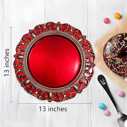6 Pack Red Charger Plates 13" Round Charger Plates for Dinning Plates with Embossed Rim Plastic Charger for Dinner, Wedding, Elegant Tableware Decor