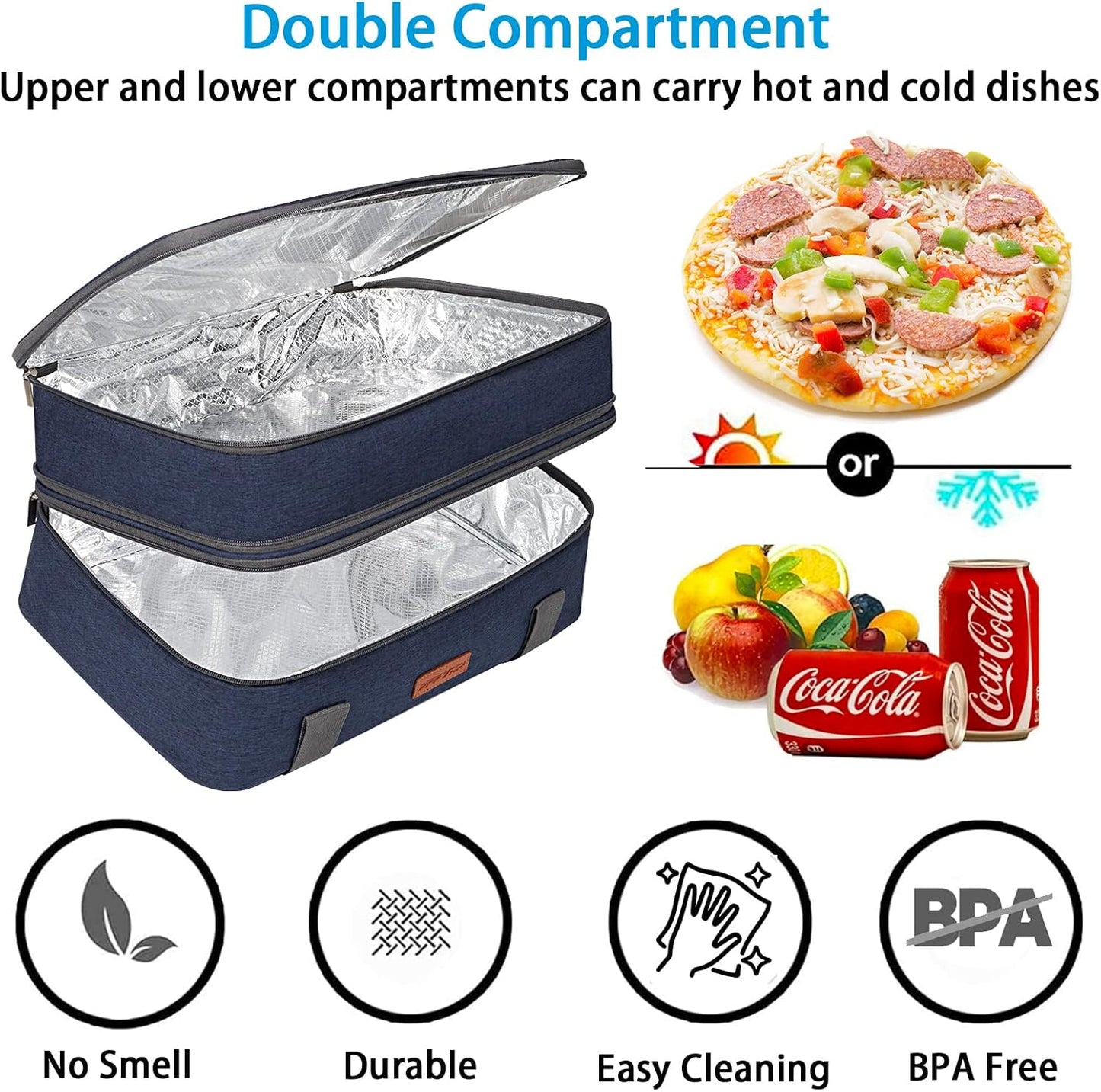 Double Decker Insulated Casserole Carrier for Hot or Cold Food, Expandable Food Carrier for Potluck Parties, Picnic, Cookouts, Fits 11 x 15 or 9 x 13 Lasagna Pan, Baking Dish(Blue)