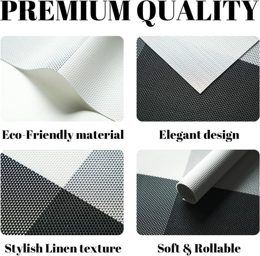 Placemats Set of 12 Vinyl/Plastic Woven Place Mats for Kitchen Table Indoor/Outdoor Washable Placemat Wipeable Dining Table Mats (Grey Grid,12)
