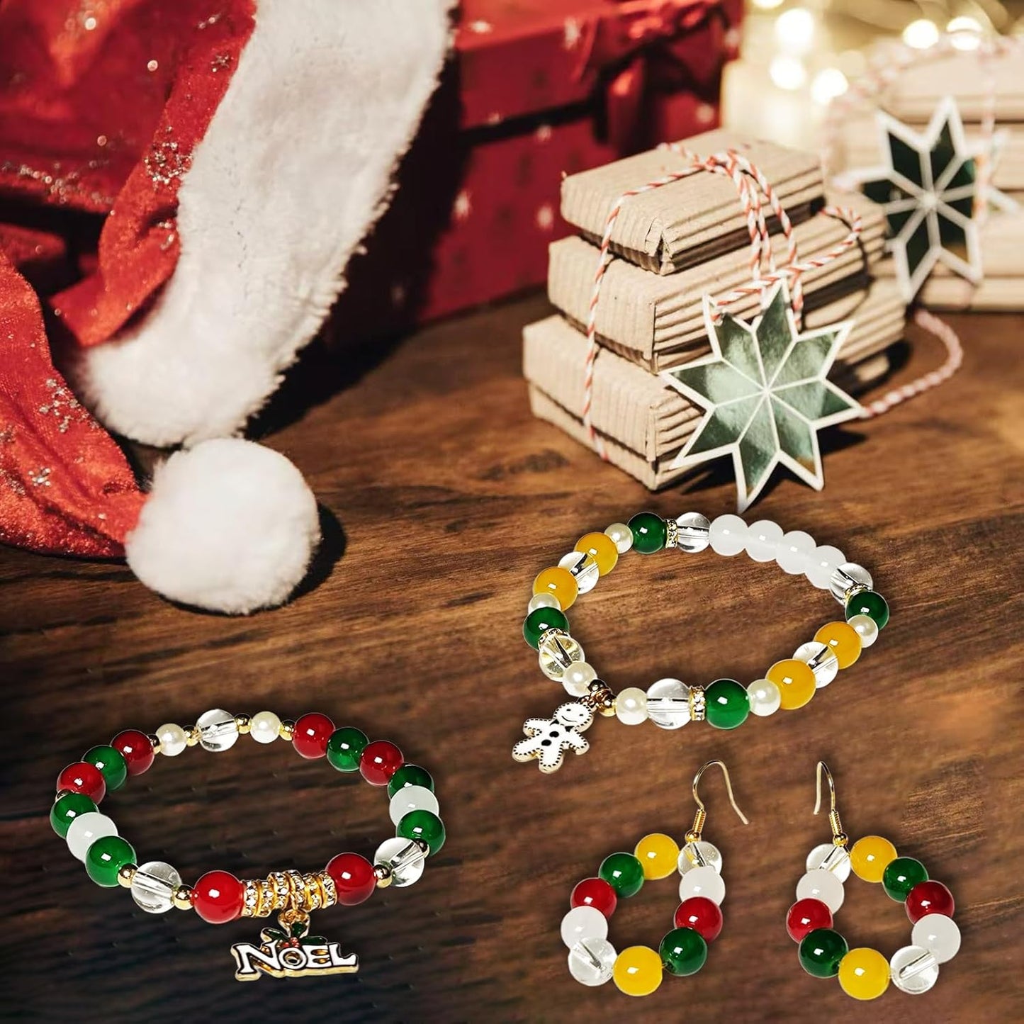 Dayify Christmas Glass Beads for Bracelets Making Kit, 8mm Glass Crystal Beads Christmas Jewelry Making Kit with Charms Pendants, Round Beads & Bead Assortments DIY Crafts