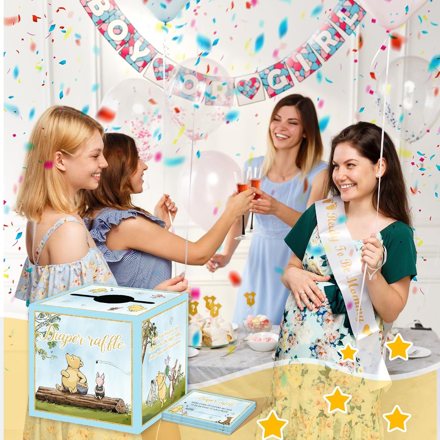 Winnie Baby Shower Decorations-50PCS Winnie Baby Shower Games Cards-Pooh Party Decorations-Baby Shower Diaper Raffle Box-blue