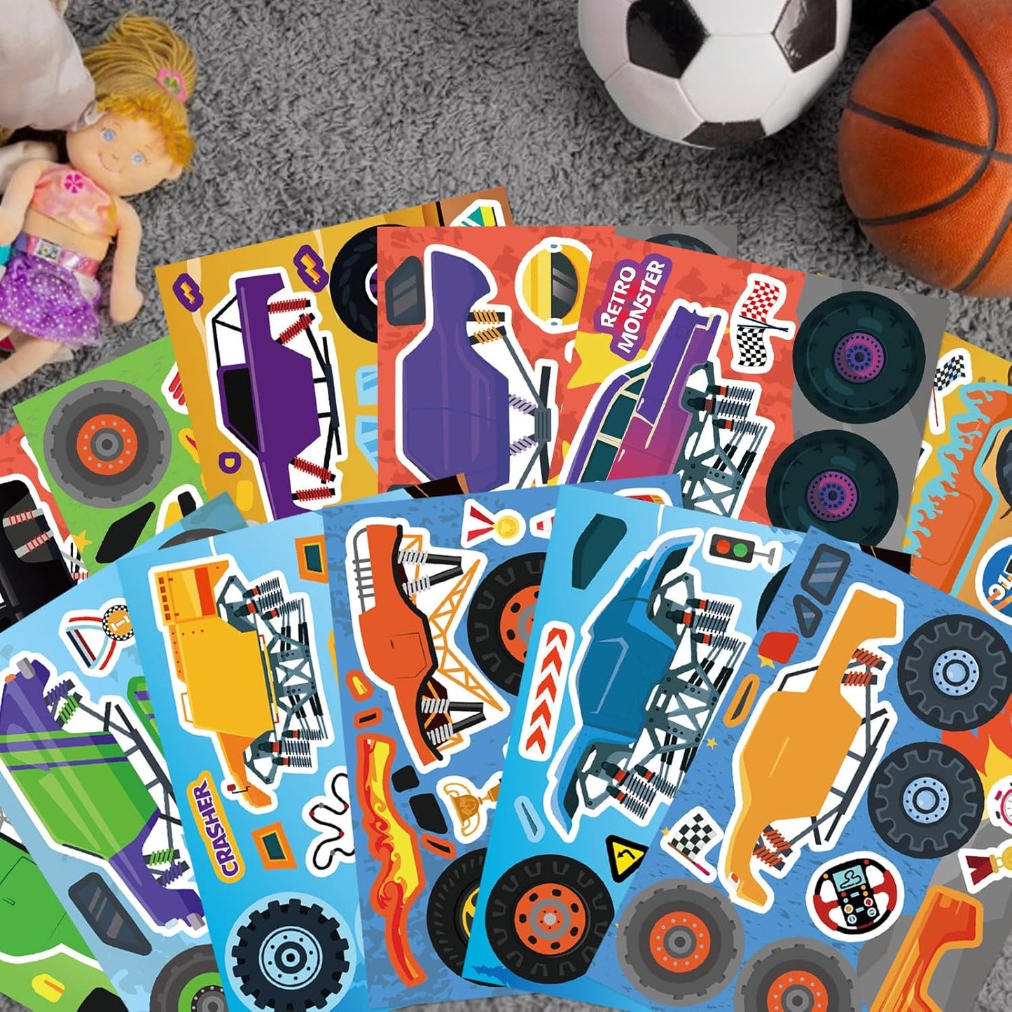 DUJAA 24 Sheets Monster Truck Stickers for Kids, Colorful, Premium Quality, Make Your Own, Monster Truck Party Favor, Teacher Reward, Birthday Gift