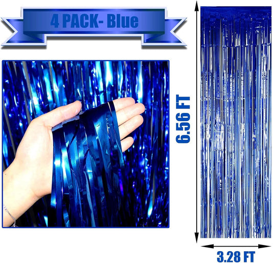4 Pack Blue Foil Fringe Curtain Backdrop, 3.28Ft x 6.56Ft Metallic Tinsel Foil Fringe Streamers Curtains for Photo Booth, Wedding, Thanksgiving, Birthday, Christmas, Party