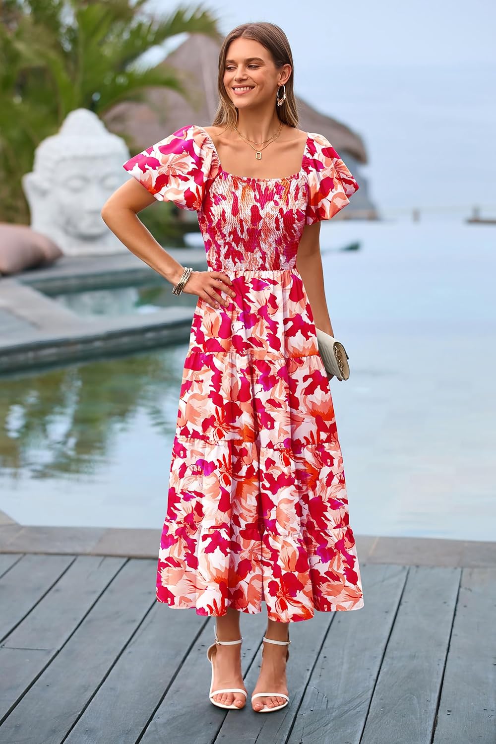 PRETTYGARDEN Women's Casual Summer Midi Dress Puffy Short Sleeve Square Neck Smocked Tiered Ruffle Dresses