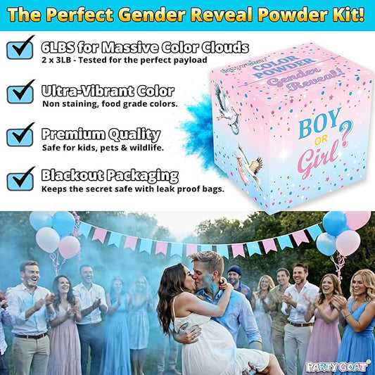 Baby Boy Gender Reveal Powder – 6 lbs, Blackout Bags, Vibrant Blue Powder for Tire Burnout Smoke, Exhaust Color & Target to Shoot. Leakproof & Non-Toxic Party Kit. 2 x 3LB + Gender Reveal Idea Guide