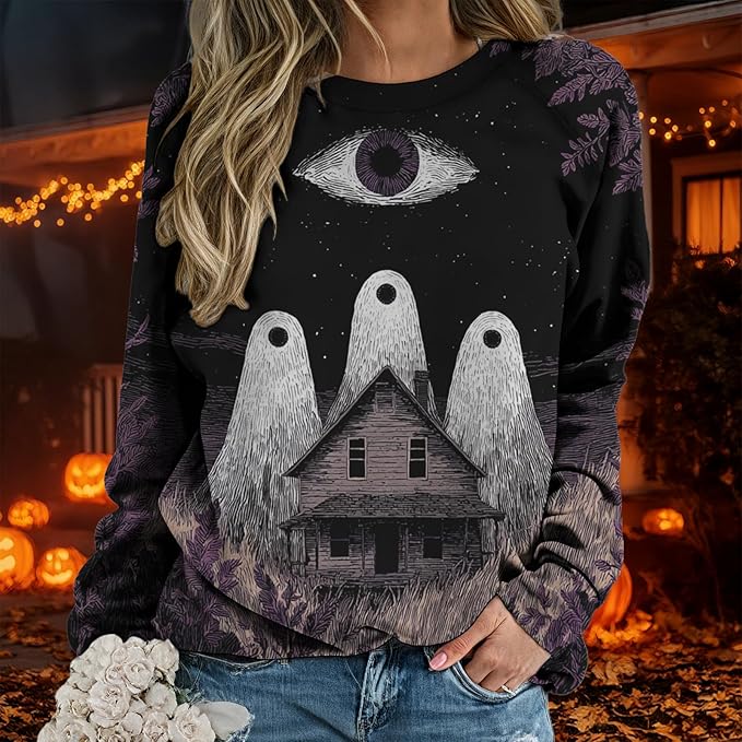Sweatshirts for Women Graphic Print Casual Pullover Tops Long Sleeve Crewneck Halloween T Shirts