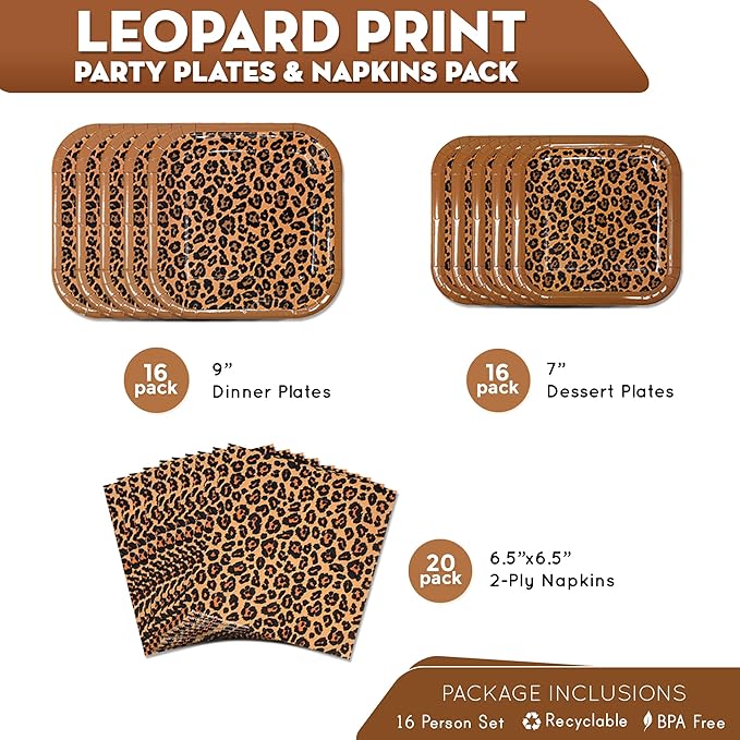 Blue Orchards Leopard Print Party Plates and Napkins (52 Pieces for 16 Guests) - Cheetah Plates and Napkins, Animal Print Birthday Party Supplies, Party Animal Birthday Decorations
