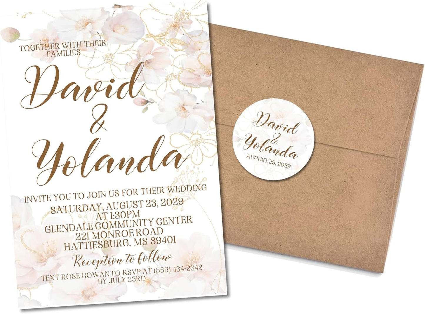 Blush, White & Gold Wedding Invitations, Personalized, Set of 12 Invitations with Envelopes