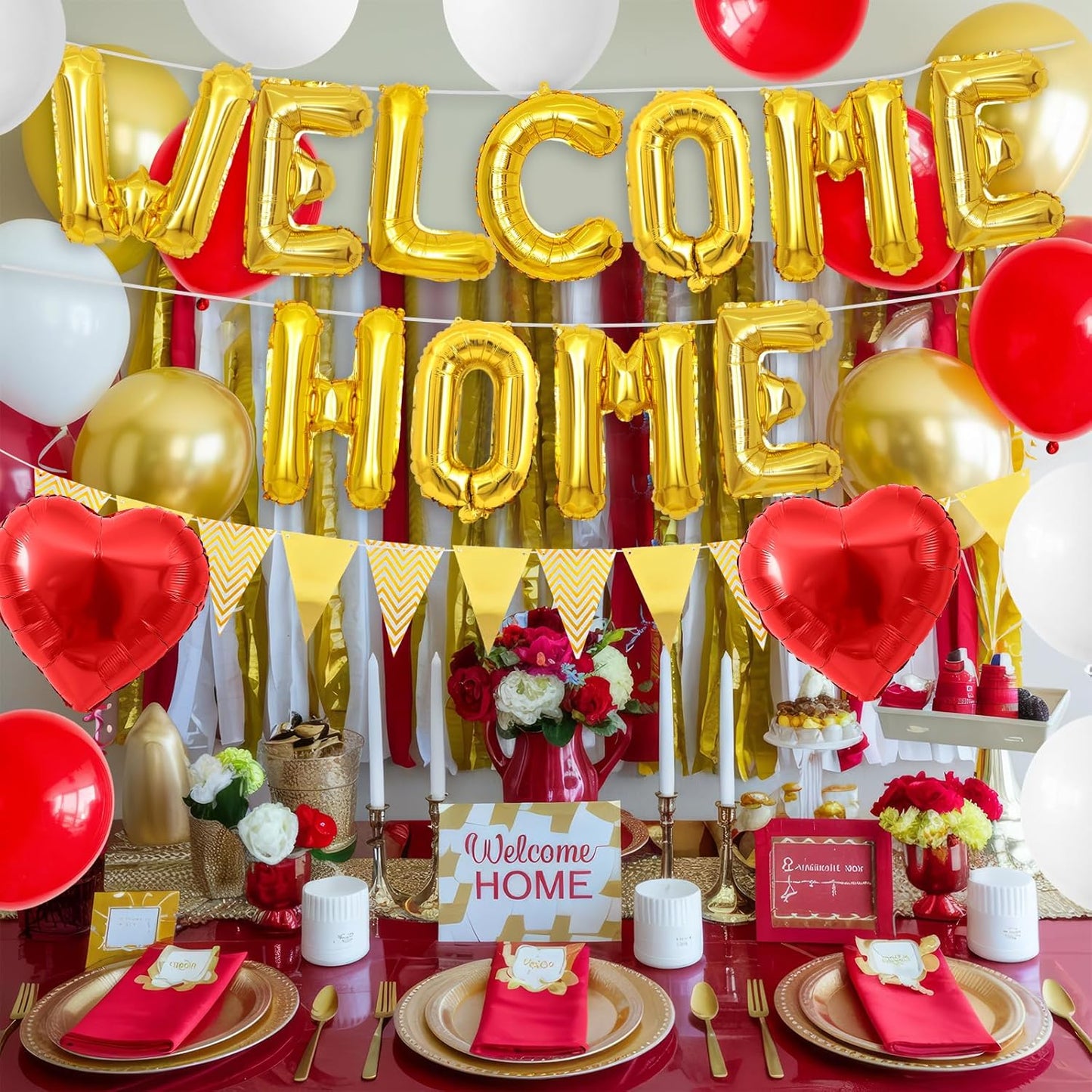 Welcome Home Decorations Red Gold,Welcome Home Foil Balloon Banner with Red Heart Balloons Pennant Flag Bunting for Housewarming Baby Shower Home Family Party Supplies