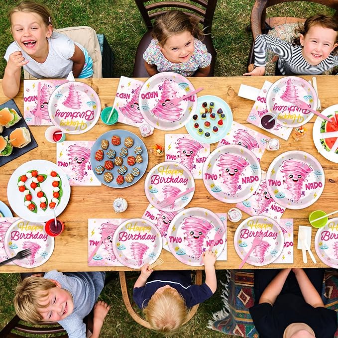 96Pcs Two Nado Party Supplies Pink Two Nad Disposable Paper Plates Napkins 2nd Birthday Decorations Girls 2 Year Old Birthday Dinnerware Party Favor Baby Tableware Serves 24