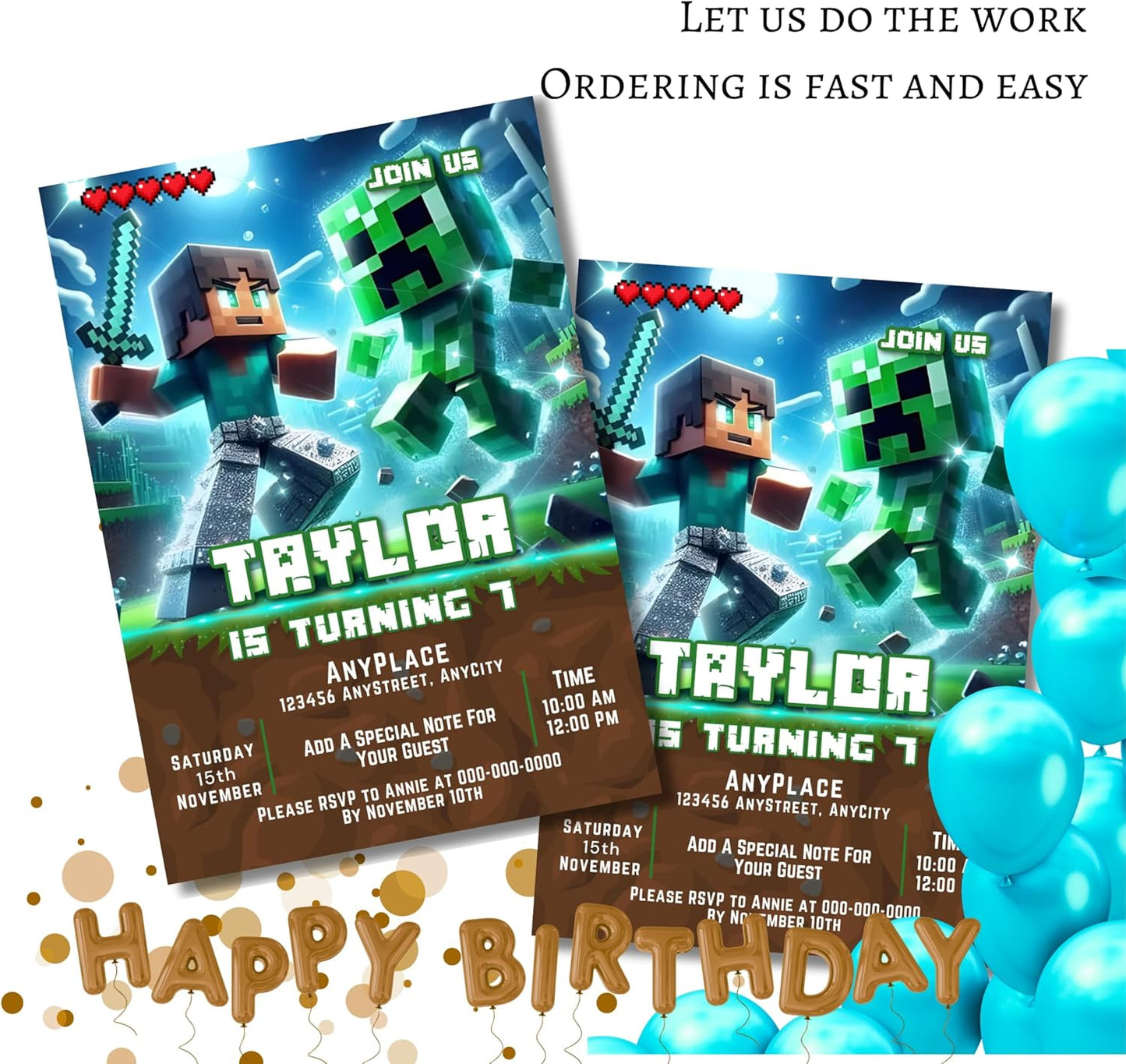Fully Customizable minecraft Birthday Party Invitations, 4 x 6 inches, with Self-Sealing Envelopes, Gaming Theme Design, minecraft Birthday Invitations for Boys and Girls (Minecraft/Diamond)