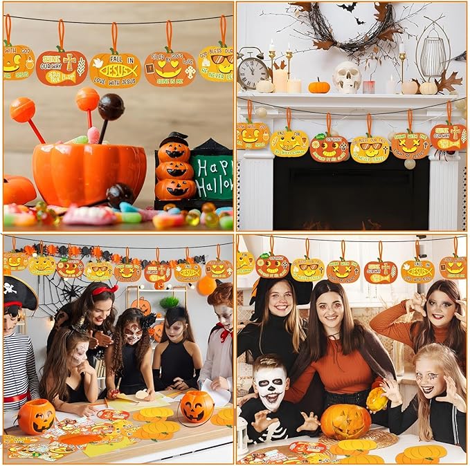 48pcs Halloween & Thanksgiving Pumpkin Craft Kit – DIY Christian Cross Ornaments with Ribbons for Sunday School, Fall Party & Faith-Based Activities