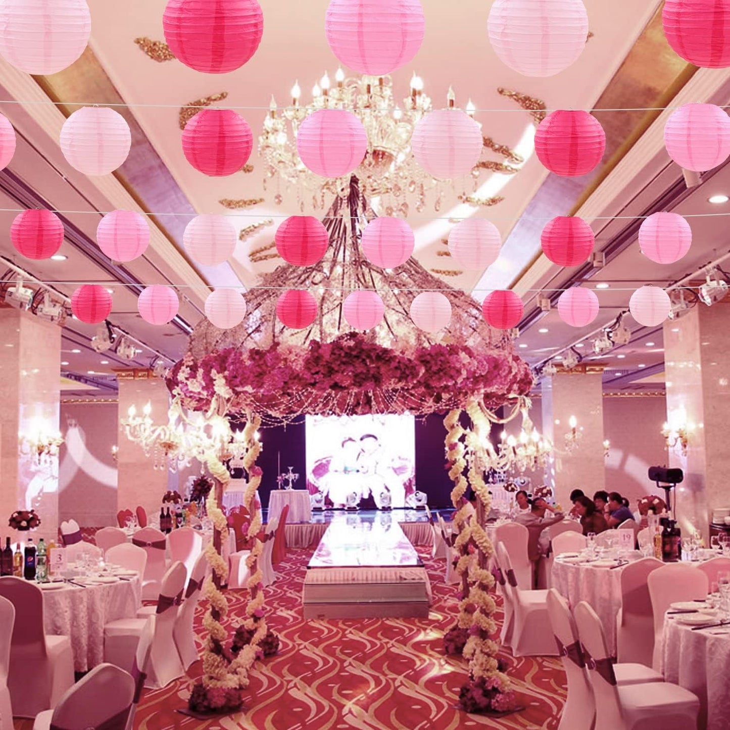 12 Pcs Pink Party Paper Lanterns Romantic Decorations Rose Red and Pink Round Chinese Paper Lanterns for Wedding Birthday Party Valentines Day Engagement Baby Showers Decoration
