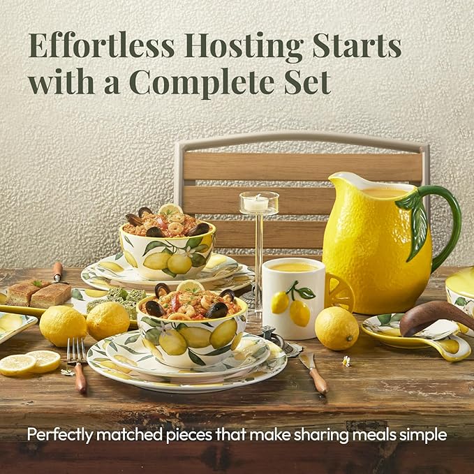 Bico Lemon Dreams Salad Plates Set of 4, 8.75 Inch Ceramic Dessert Plates for Salad, Appetizer, Side Dishes, Microwave and Dishwasher Safe, Gift for Housewarming and Thanksgiving