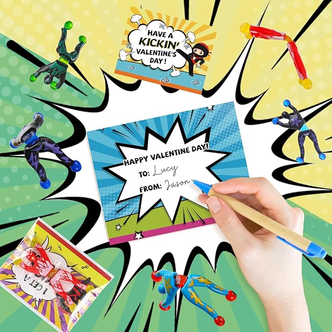 32Pack Sticky Wall Climbing Men Ninja Toy Set, Valentines Day Gifts Cards for Kids Students Classroom Exchange Prize, Valentine's Party Favors for Boys Girls, Valentine's Greeting Cards